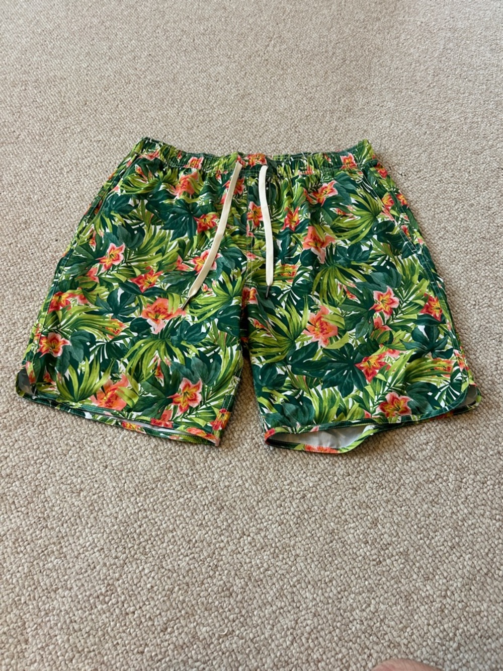 Fair Harbor Green Tropical Floral Swim Trunks with Orange Accents